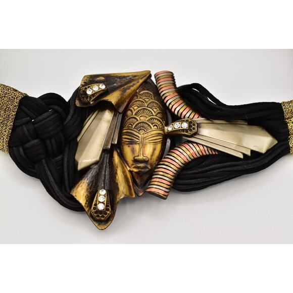 Vintage Made In Italy Waist Belt Mayan Metal Black Weaved Crystal Chunky 26" - Picture 1 of 12